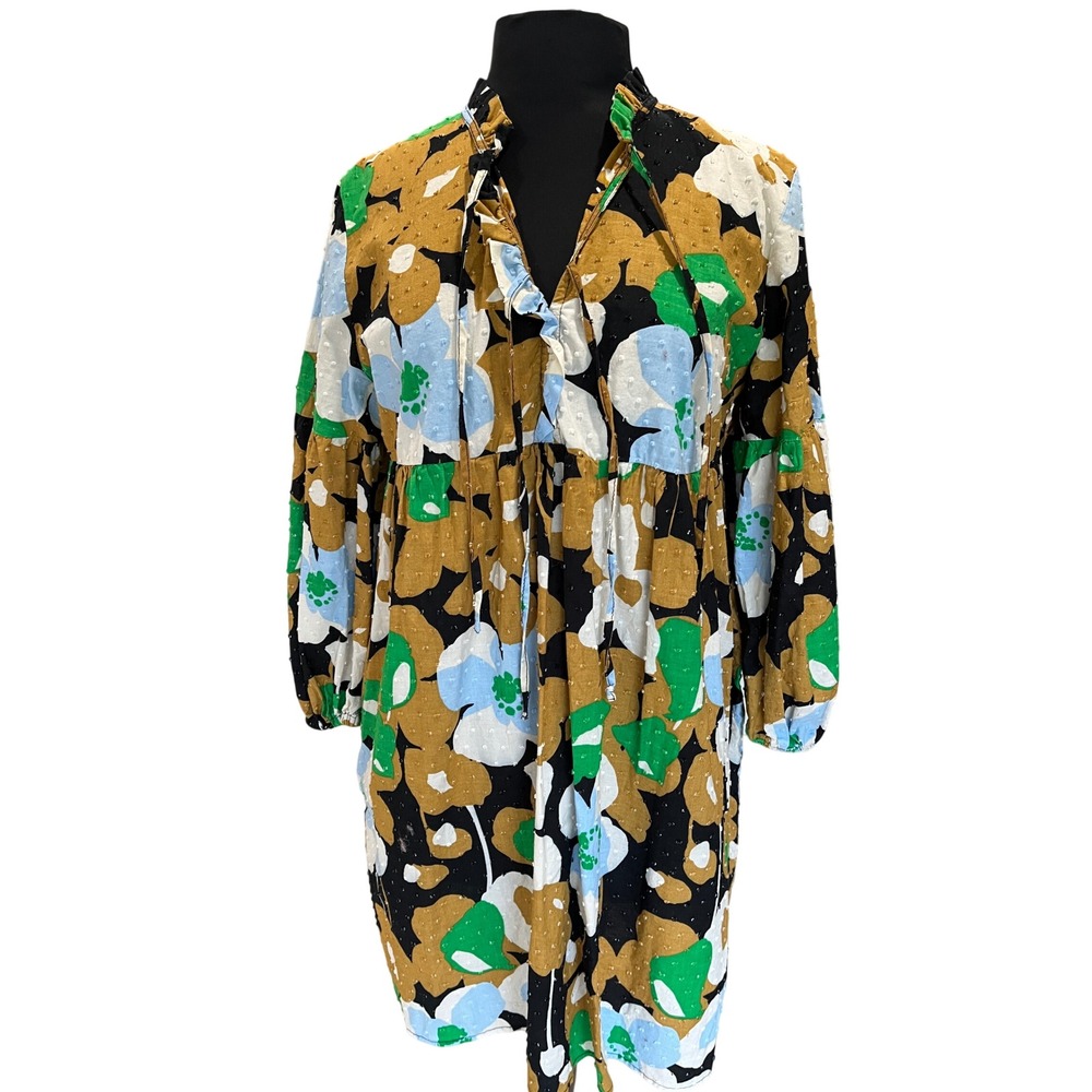 Who What Wear Womens Floral Swiss Dot Mini Dress Mustard Yellow Green Black L